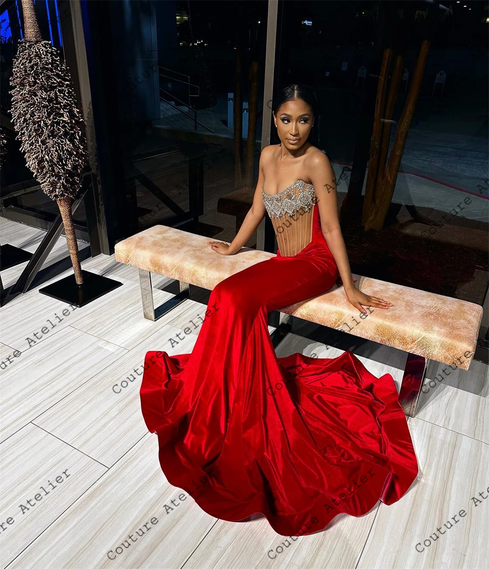 Black Red Velvet Luxury Long Prom Dresses Gowns For Black Girls 2024 Mermaid Birthday Party Dress Strapless Homecoming Gowns