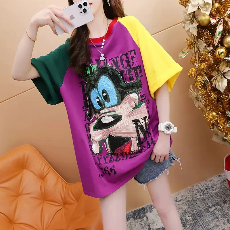 Disney Cartoon Goofy Child\'s Cotton T-shirt Summer New Short Sleeve Contrast Color Fashion Oversized Kids T Shirt Children Tops