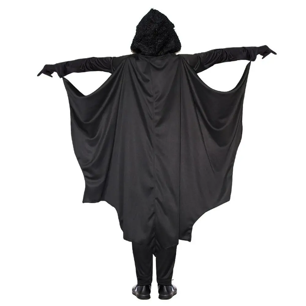 2024 Halloween Unisex Kids Cosplay costume Bat Cape Overall Black Batwing sleeve Hooded Cloak Cute Stage costume for children