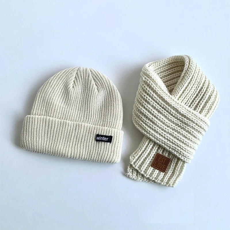 Set Syal Topi Anak-anak Topi Wol Bayi Anak Menengah dan Besar Topi Pullover Rajutan Hangat Tebal Pria dan Anak Perempuan Musim Dingin