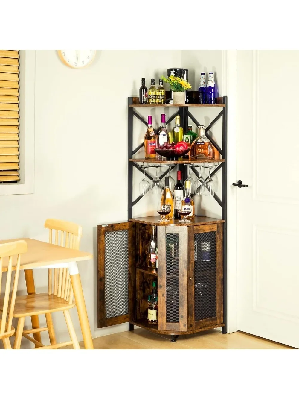 Corner Bar Cabinet with LED Lights, 5-Tier Industrial Wine Cabinet with Glass Holder, Wine Bar Cabinet with Adjustable Shelf,