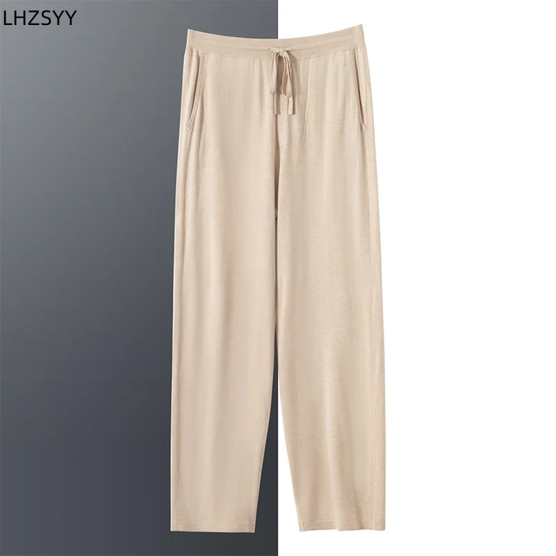 

LHZSYY High-end Sports Leisure Mulberry Silk Wide-leg Pants Men's Thin Worsted Cashmere Trousers Elastic Waist Straight Pants