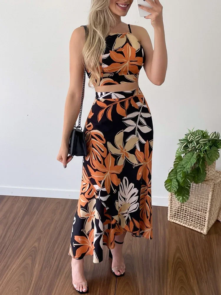 Tropical Print Spaghetti Strap Cami Tops & Maxi Skirts Set Summer Casual Women Two Piece Set