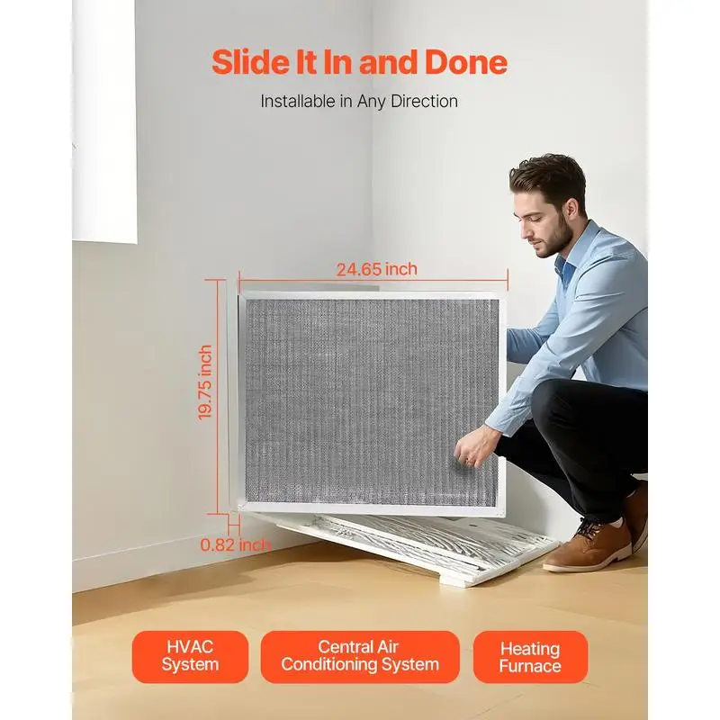 

Electrostatic Air Filter, 20x25x1 inch Washable & Reusable Aluminum AC/HVAC Furnace Filter, MERV 8 Long Lifetime, Home or Office (Actual Size: 19.75 x 24.65 x 0.82 in)