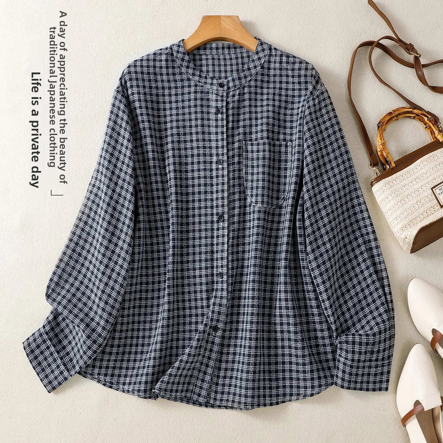 เสื้อคลุมคาร์ดิแกนผ้าลินินลายสก็อตสีเรโทรสำหรับผู้หญิง ทรงยาว ตัดเย็บอย่างประณีต คอตั้ง ดีไซน์ศิลปะ เปิดด้านบน ยาว...