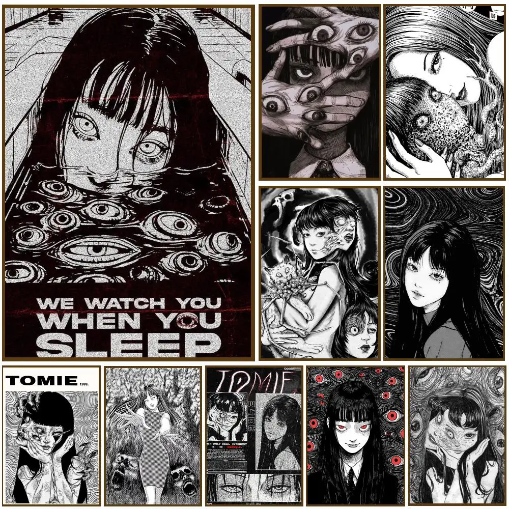 Junji Ito Tomie Dark Retro Manga Poster Self-adhesive Living Room Bedroom Party Bar Decor Moisture-proof Fade-resistant HD