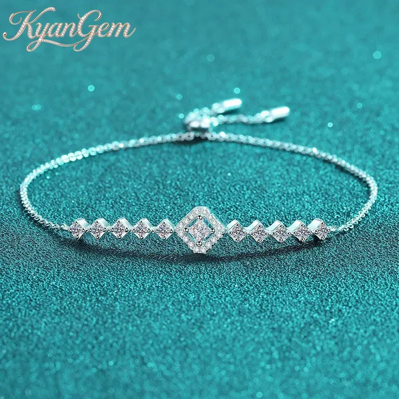 KyanGem 18K Gold Inlaid Moissanite 0.7 carat Bracelet, Diamond Square Adjustable Push-pull Chain, Simple Style Bracelet