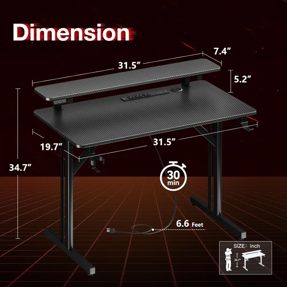 Gaming Desk with LED Lights & Power Outlets, 31 Inch Gaming Table with Monitor Shelf, Computer Desk with Carbon Fiber Texture