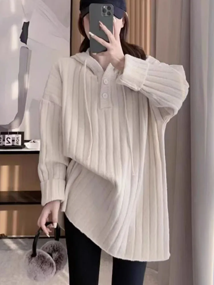 لينة مريحة معطف بقلنسوة المرأة خريف شتاء 2025 الاتجاه الجديد فضفاض محبوك سترة الاسترخاء Sle لون غير رسمي #3