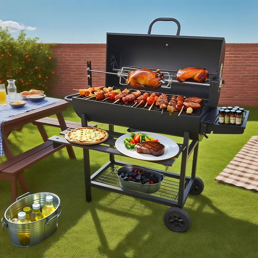 Modern Premium Outdoor Party Rotating Rotisserie Barrel Charcoal Grill with Remote Control and Trolley Steel Construction