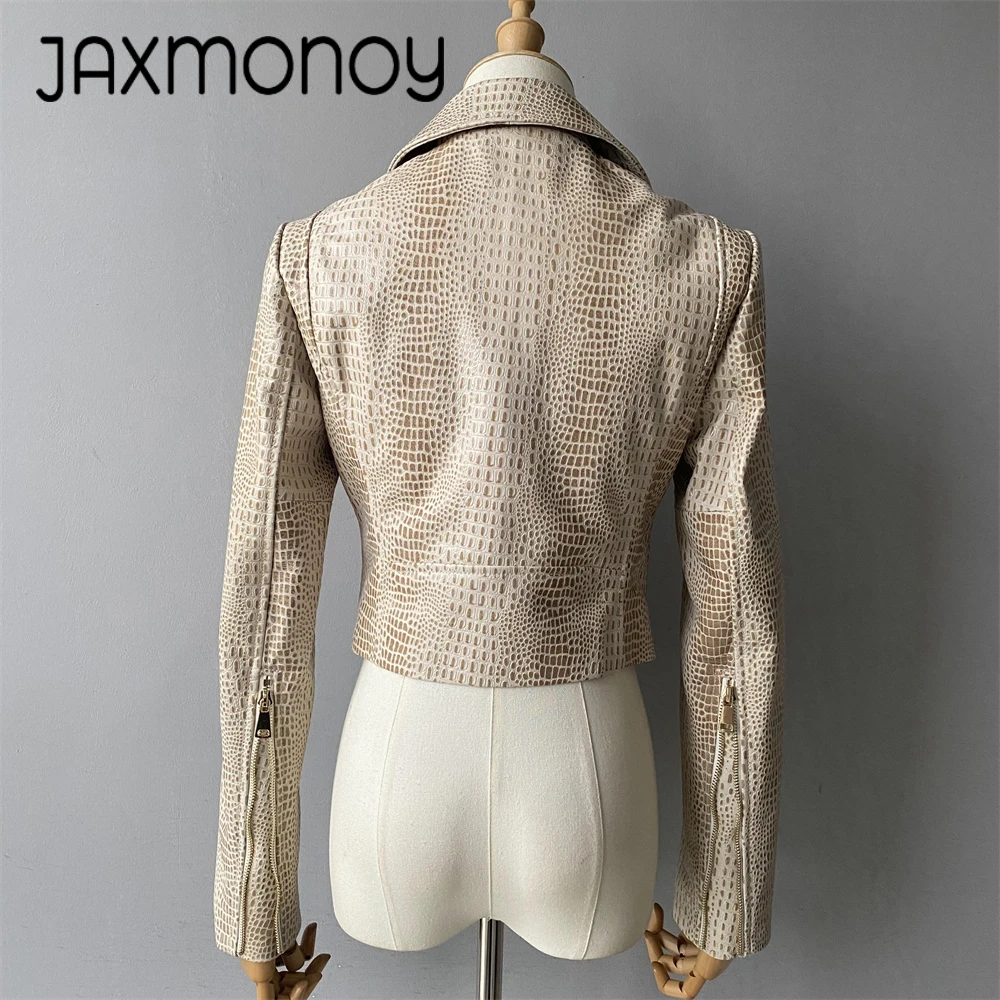 Jaxmonoy-Jaqueta de pele de carneiro real para mulheres, estilo curto, motoqueiro, zíper, moda feminina, casaco cortado, outono, primavera