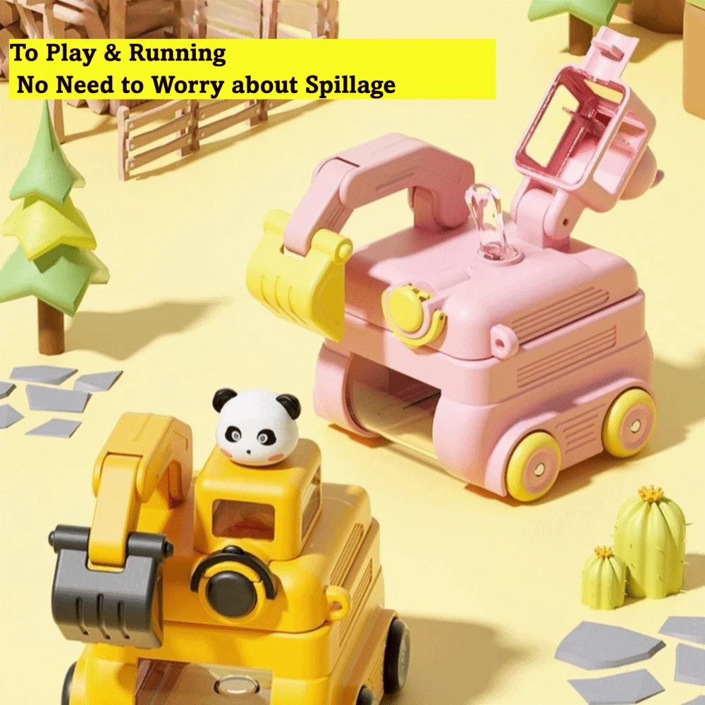 Fun Rotatable Excavator Water Bottle No BPA 500ML Toy Straw Water Bottles with Wheels Cartoon Children's Kettle Kids Gift