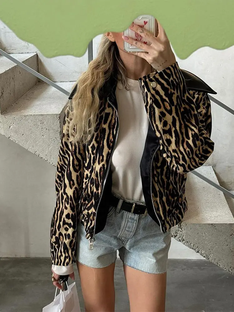 2024 Fashion Leopard Print Woman\'s Short Jacket Long Sleeve Turn Down Collar Zipper Cropped Coat Lady Chic High Street Outerwear