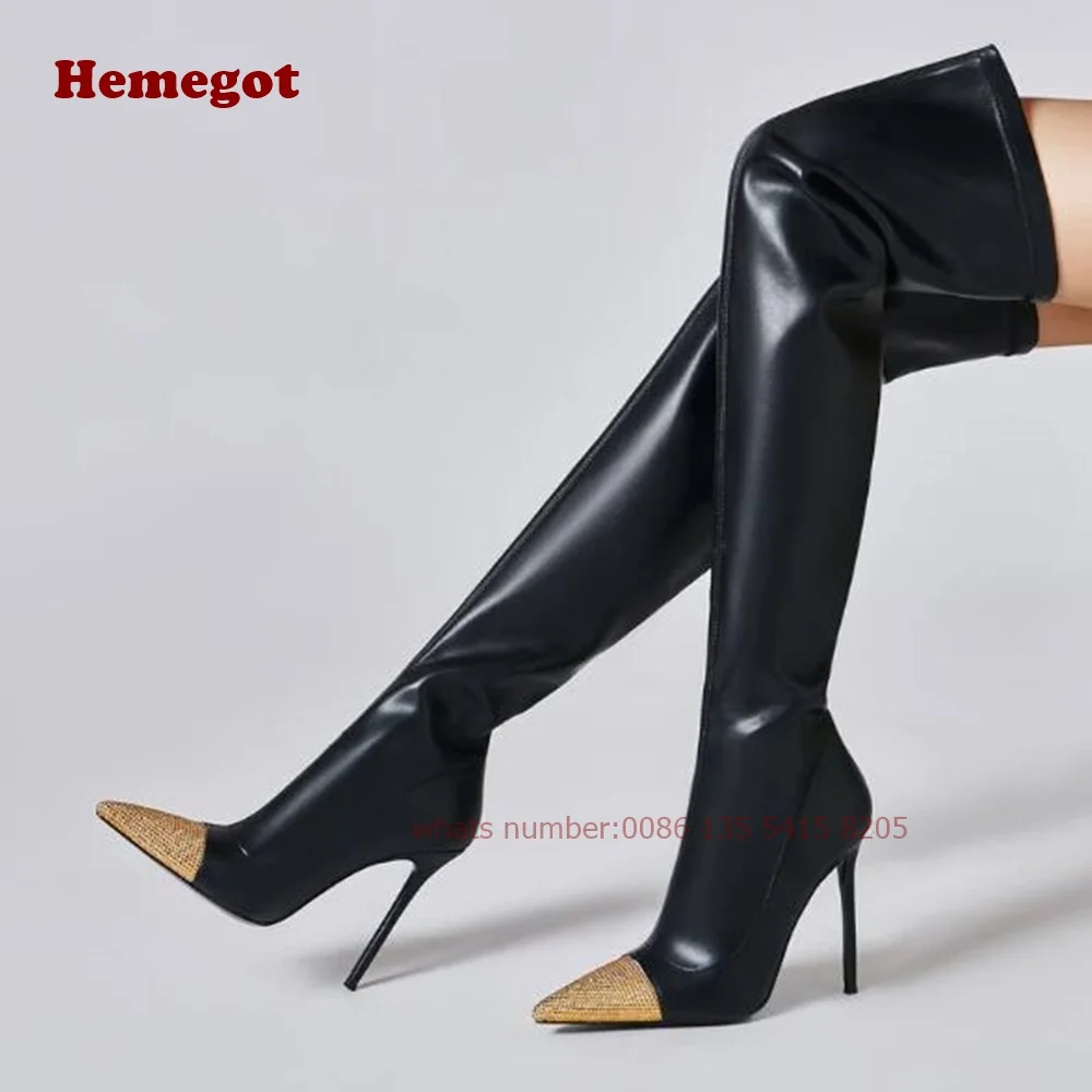 Black Stretch Gold Strass Toe Boot Pointy Stiletto Over The Knee Boots for Women Winter Glossy Slip On Thin High Heels Elegant