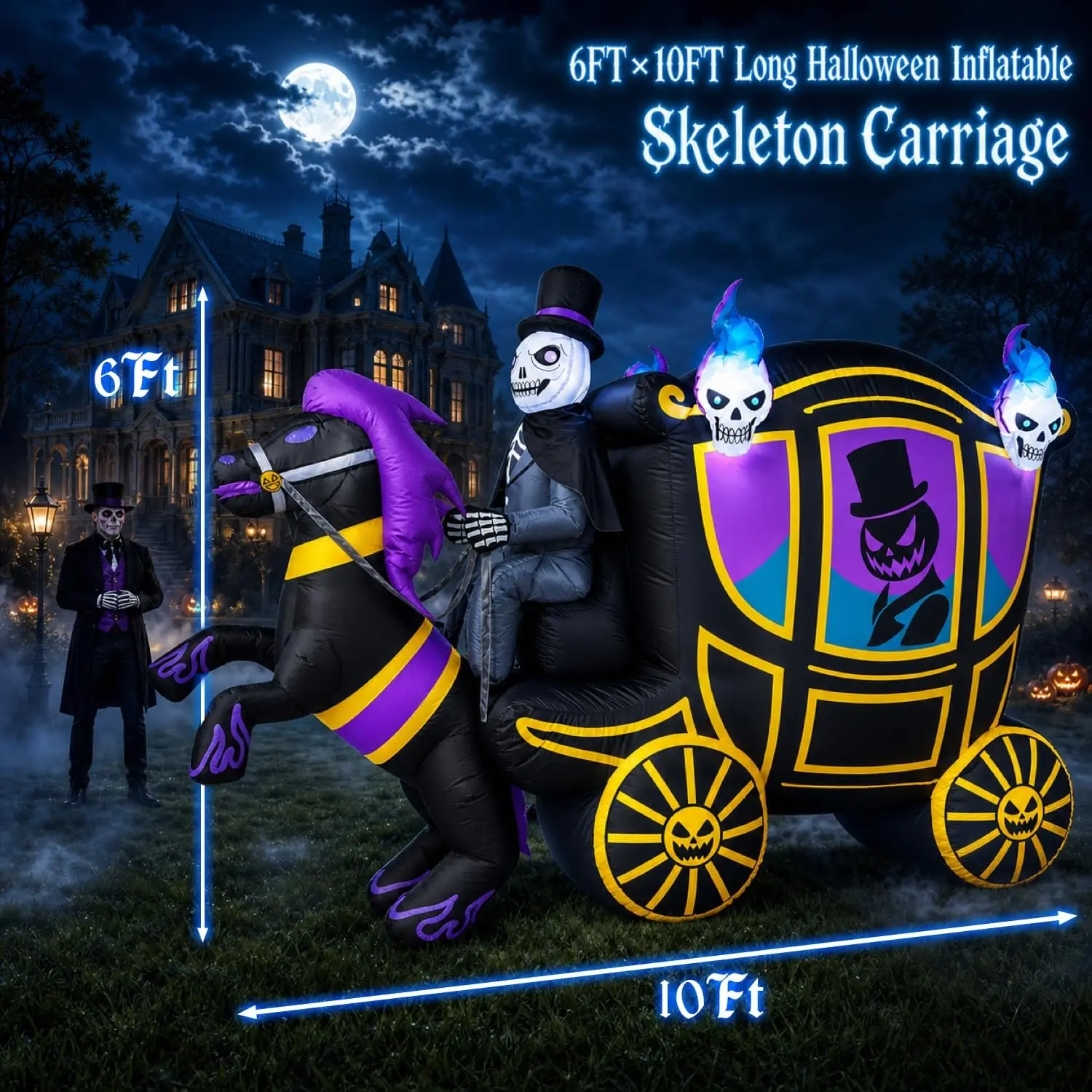 Halloween Inflatable Decoration, 10FT Skeleton Carriage & Horse with Built-in LED Lights, Blow Up Yard Decor for Lawn Party
