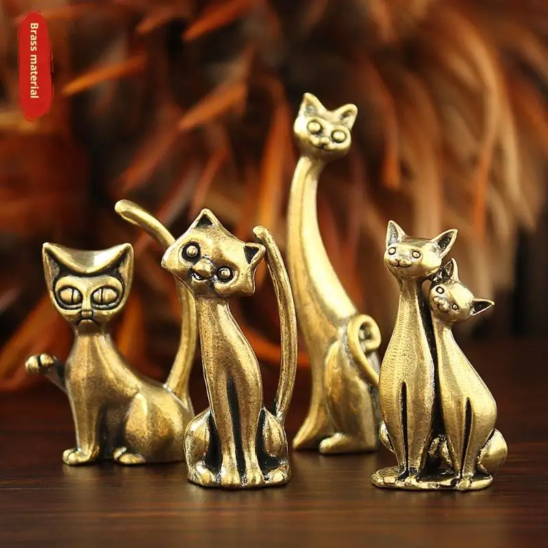 1Pcs Antique Brass Cat Figurine Mini Metal Cat Statue Retro Animal Ornament