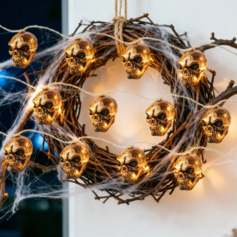 1 Set 10LED Retro Skull Light String, Halloween Day of The Dead Flower Wreath Branch Indoor Courtyard Desktop Decor Light String