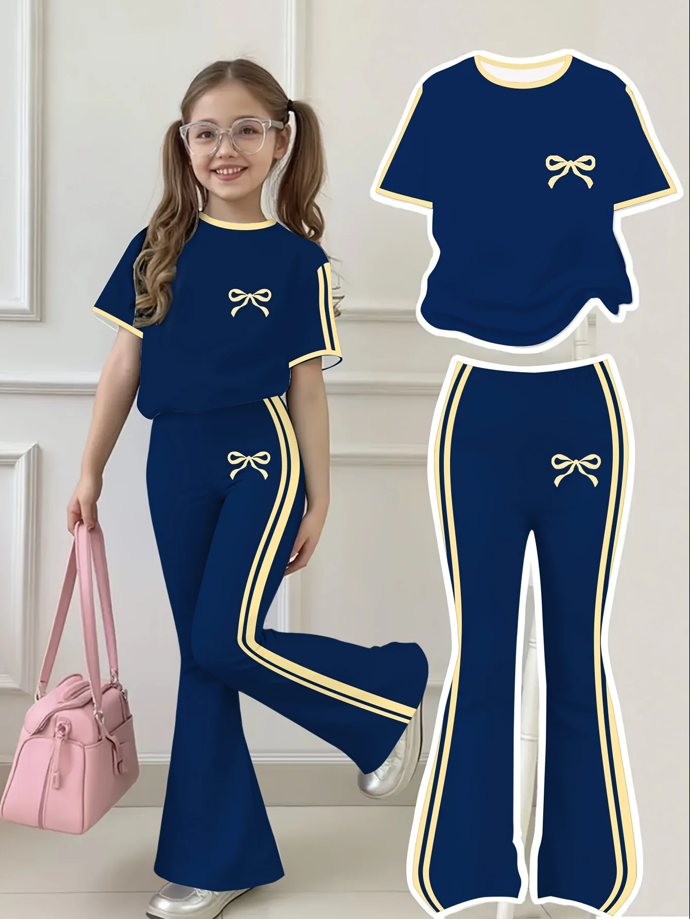 Girls' Summer and Autumn Casual Outfit: Short-sleeve top with yellow trim + bell-bottom pants two-piece set with bow print, suitable for girls over 3 years old, casual sportswear