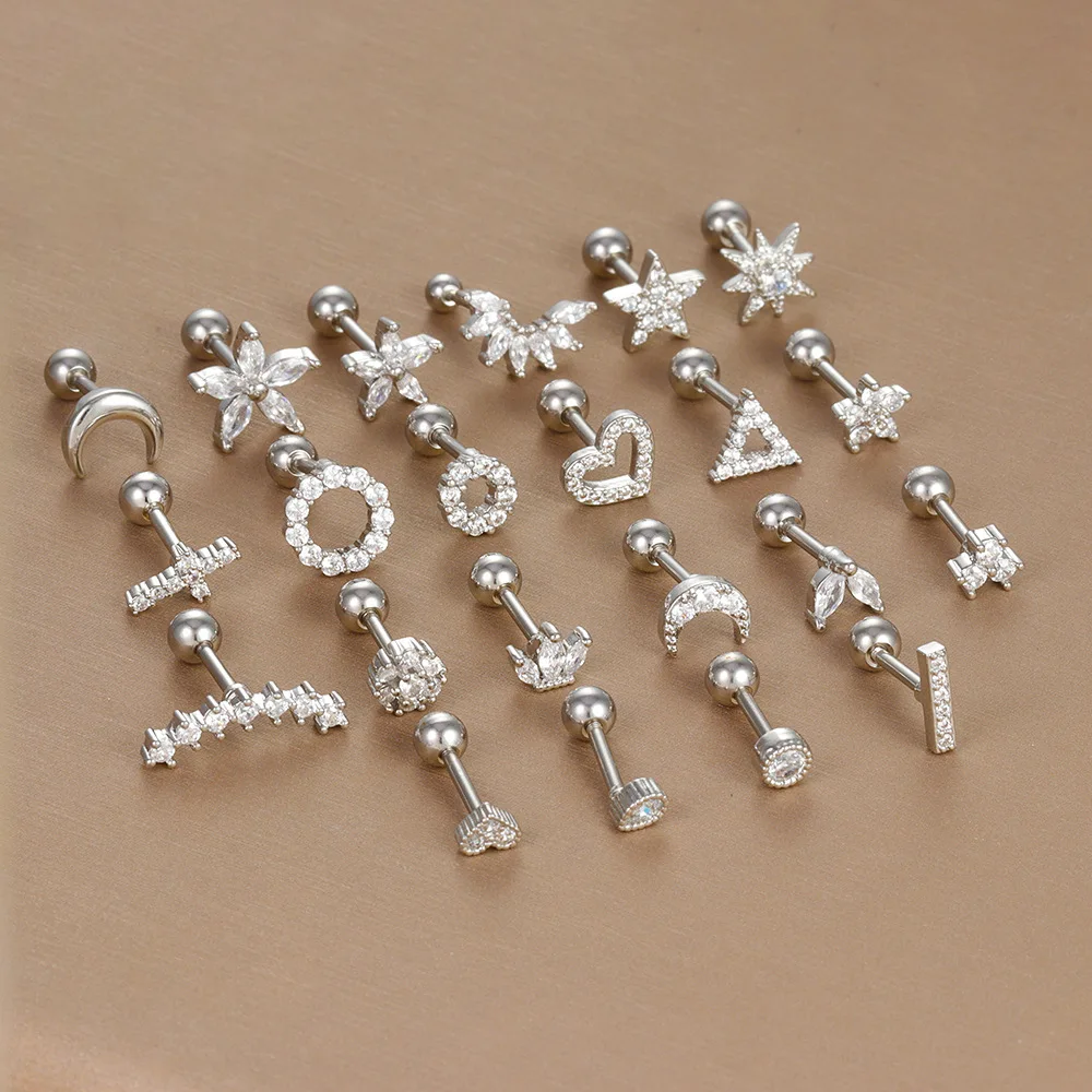 Stainless Steel Puncture The Ear Bone Zircon Heart Round Triangle Cross Bead Screw Stud Earrings For Women Advanced Jewelry