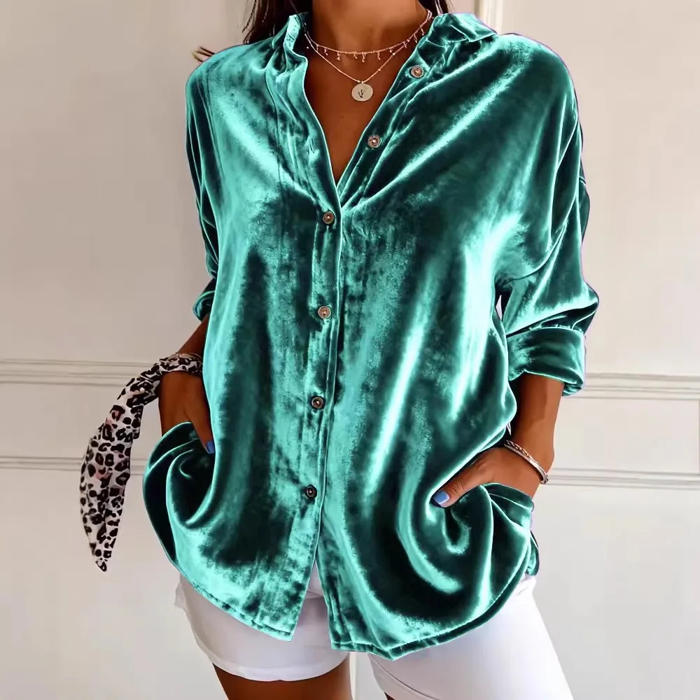New Women's Casual Long Sleeved Shirt Collar Button Cardigan Gold Velvet Multi-Color Women's Top Shirt