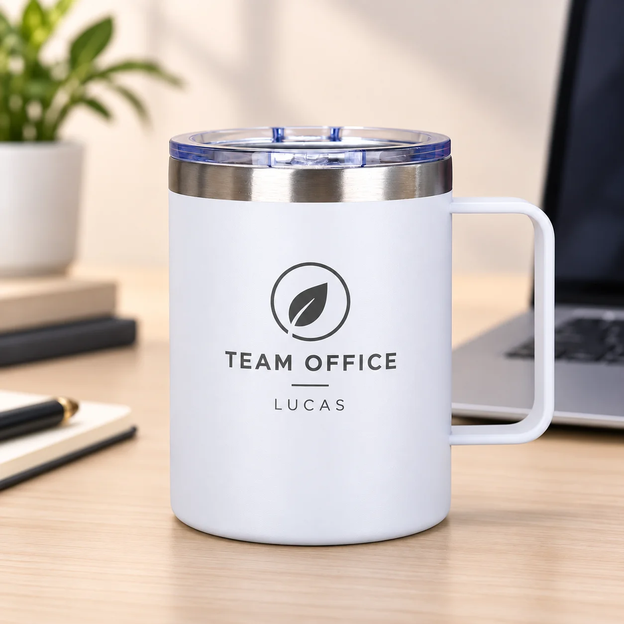 Personalized Business Logo Mug Custom Name Stainless Steel Coffee Cup with Lid Handle Employee Team Office Shop Company Gift