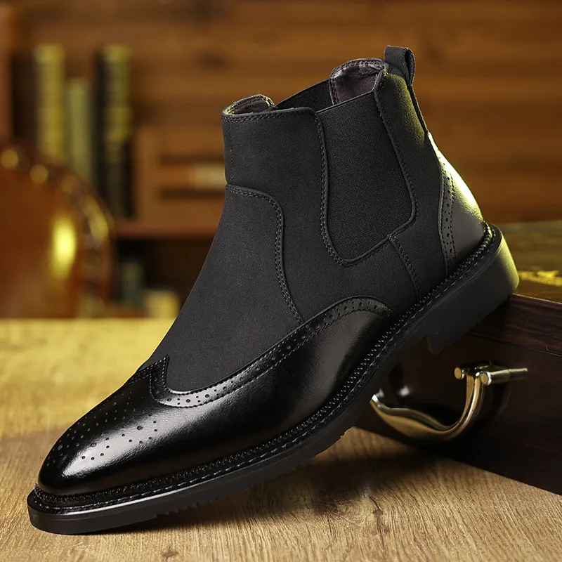 New Men's Classic Retro Chelsea Short Boots Men Fashion Patchwork Brogues Ankle Boot British Style High-top Casual Shoes for Men