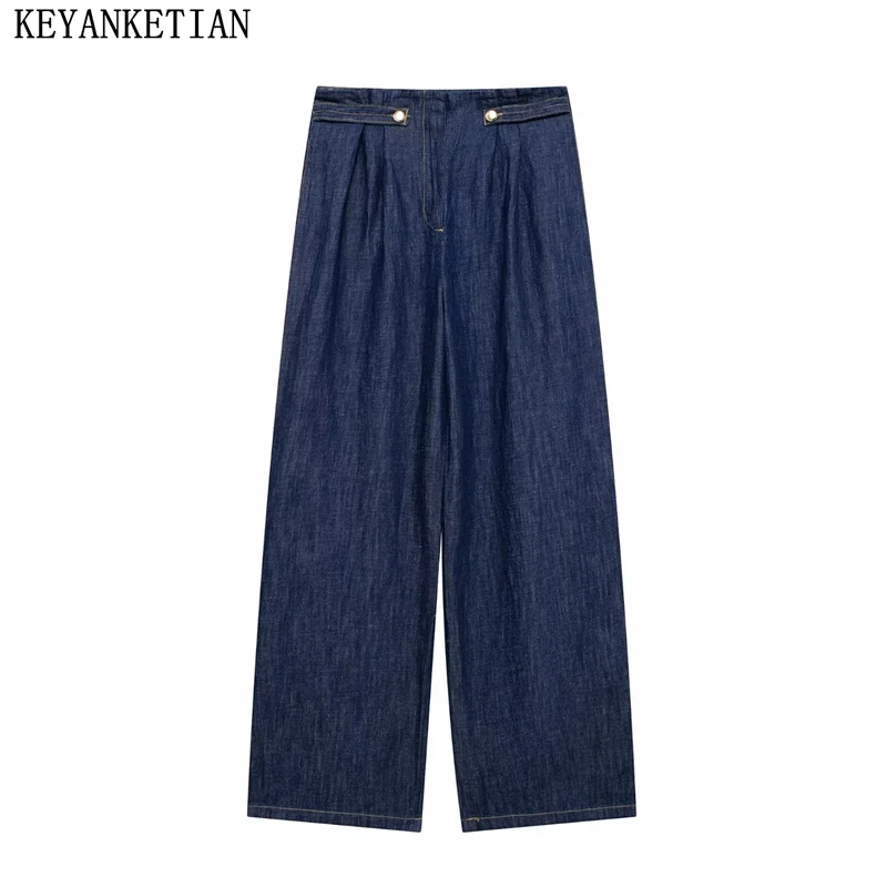 KEYANKETIAN Autumn New Women's Dark Blue Denim Wide leg Pants High Street Pleated Decoration Zipper high waist Jeans Trousers