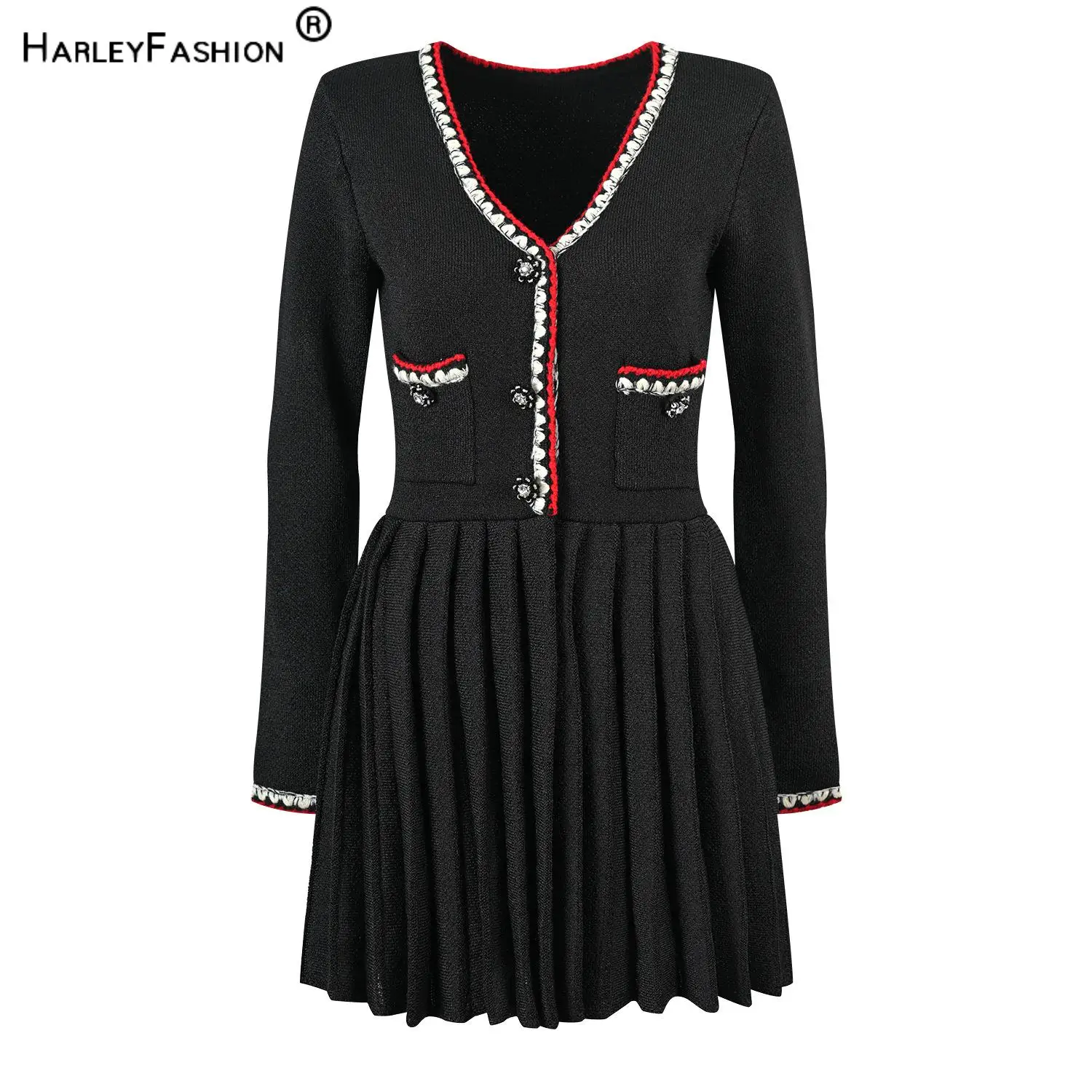 

Lady French Style Solid Wear V-neckline Long Sleeve Women Knit Slim Fitted Pleated Short Mini Black Dress