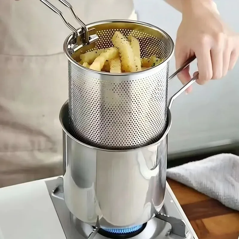 

304 Stainless Steel Deep Frying Pot with Strainer Basket & Lid,Tempura Fryer Pan with Thermometer for Chicken,French Fries
