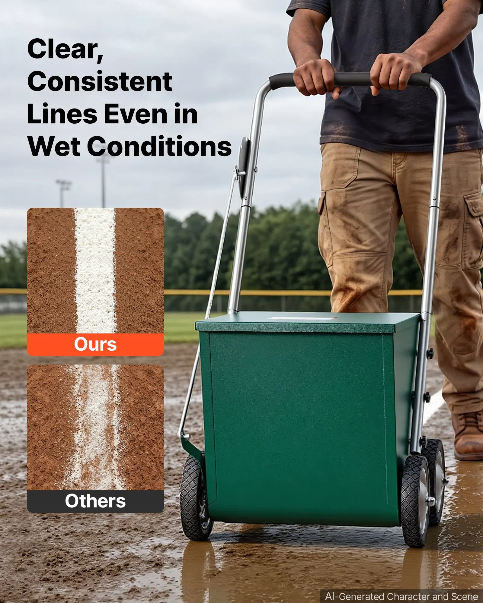 Steel Dry Line Marker 65 lbs Powder Capacity Field Dry Line Chalker, 2 to 4 in Adjustable Line Width, Featuring 4 Heavy-Duty Wheels, Clear and Even Marking, Easy One-Person Pushing