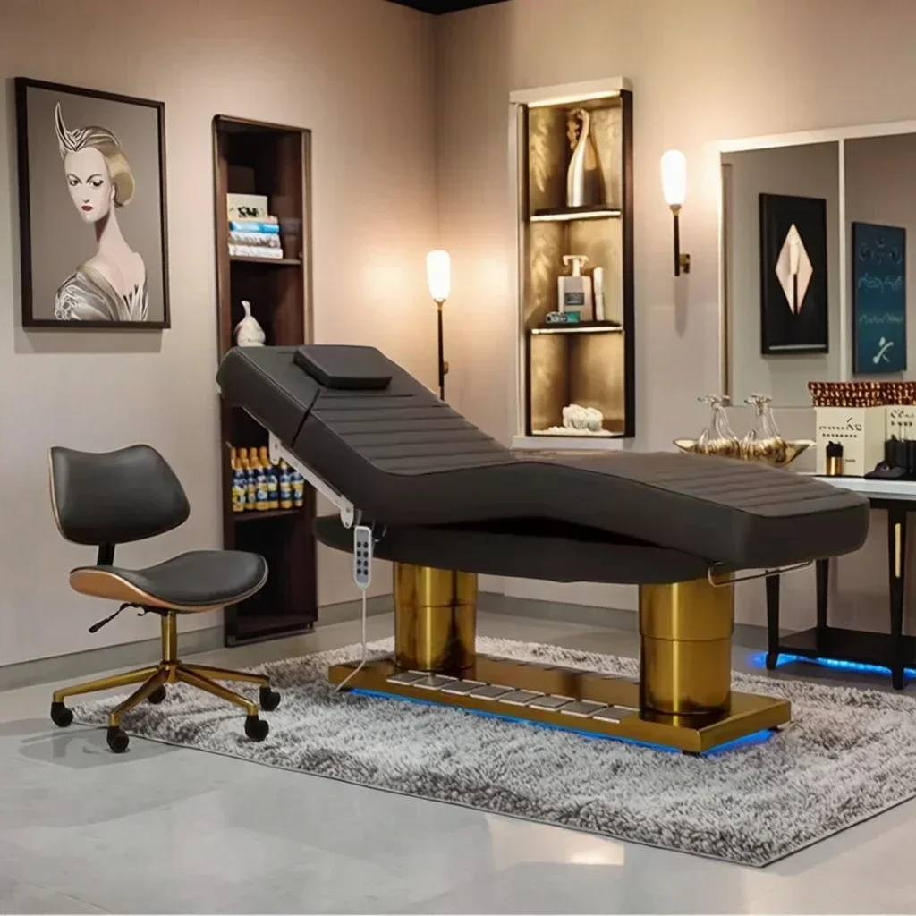 Modern Electric Massage Table For Spas And Hair Salons Stainless Steel & Leather Esthetician Bed With Adjustable Headrest