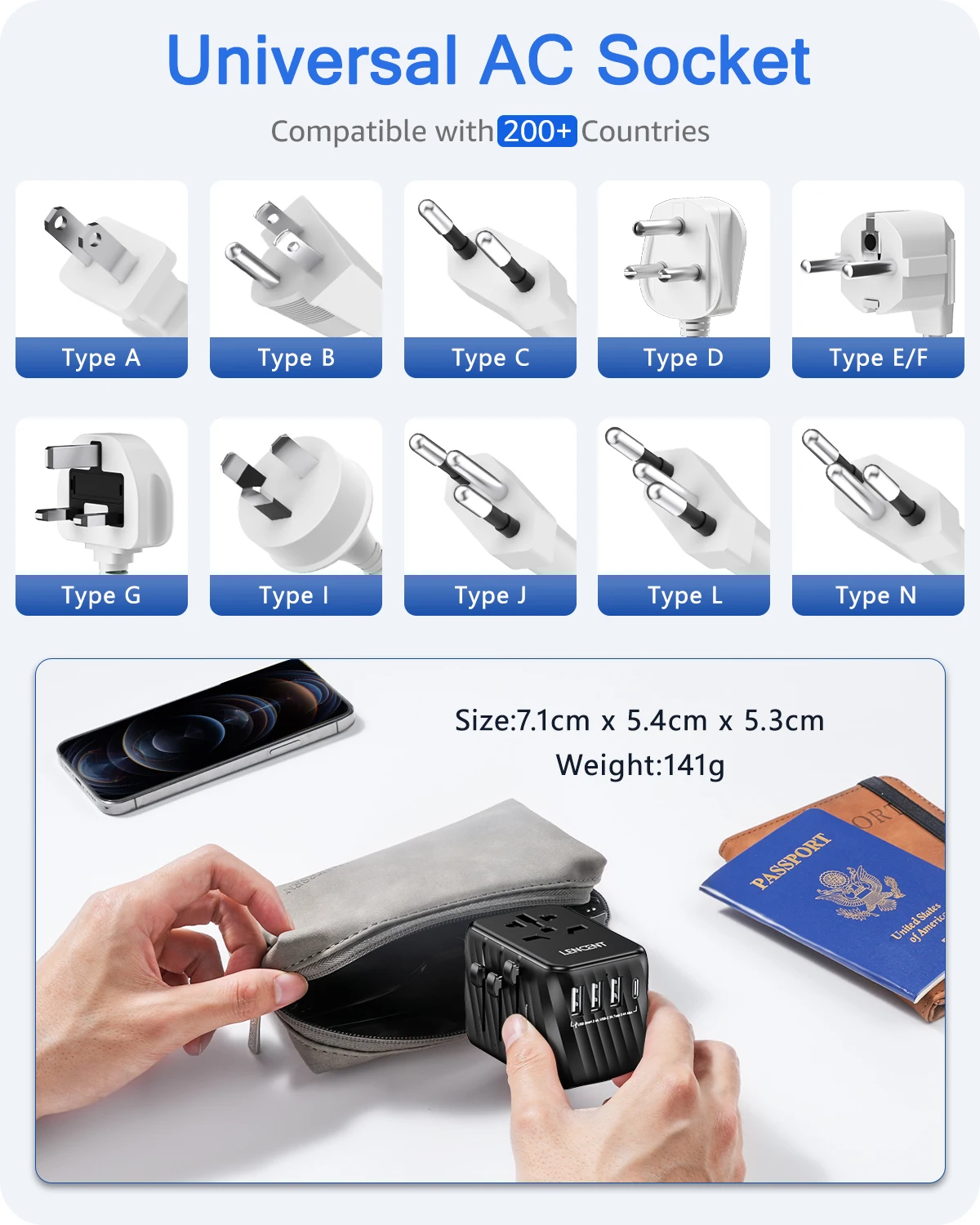 LENCENT Universal Travel Adapter with 3 USB Ports Type C Fast Charging All-in-one Power Adapter EU/UK/USA/AUS Plug for Travel