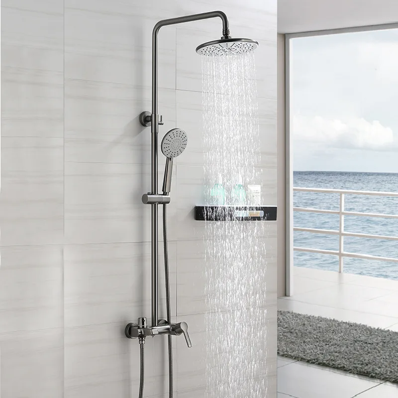 Gun Grey  Brushed Gold Shower Faucet  All Copper Wall-Mount Rain  Head Hand Sprayer Two-Function Hot Cold Mixing