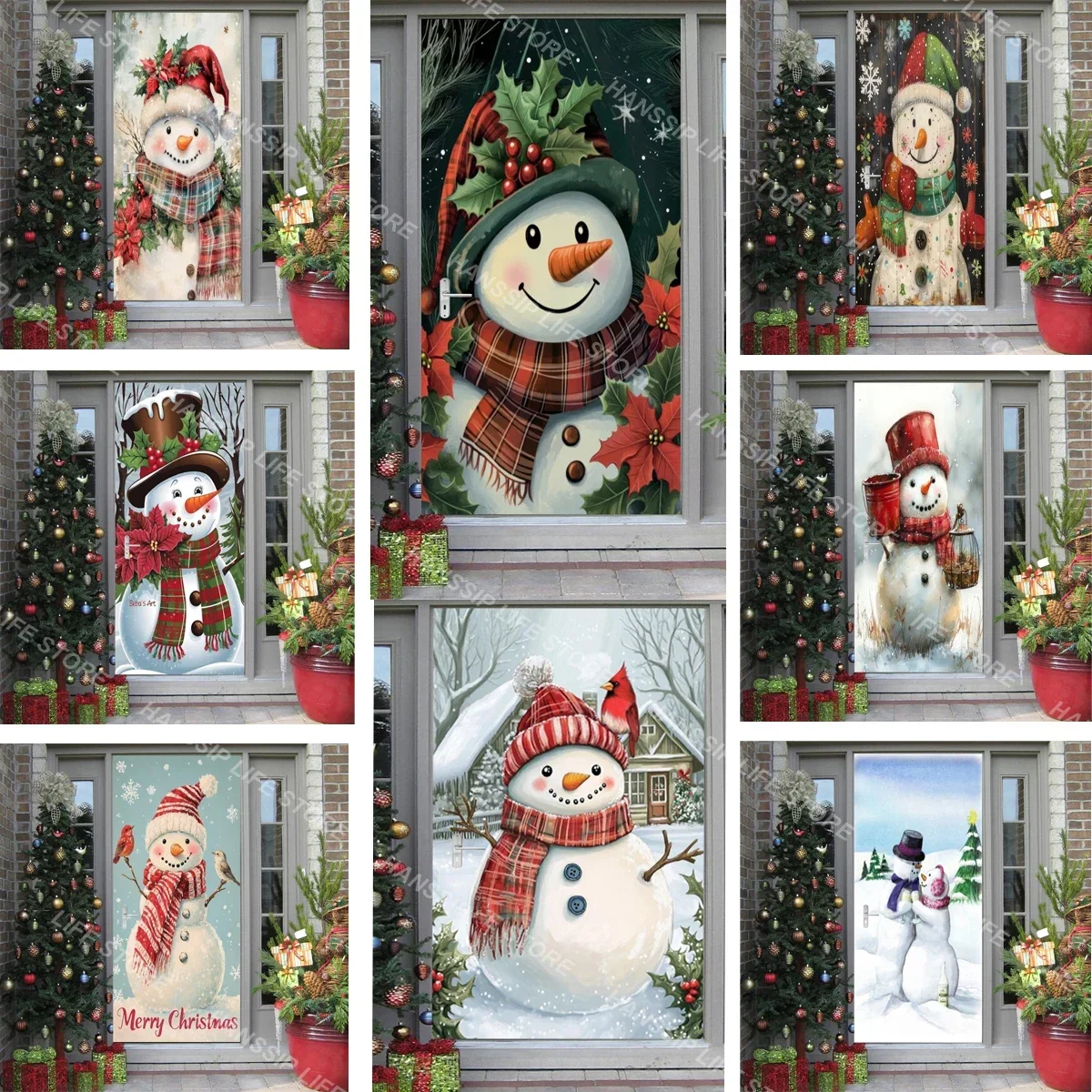 

2025 NEW Christmas Door Stickers Retro Snowman Cartoon PVC Flowers Merry Christmas New Year Holiday Bedroom Mural Home Decor