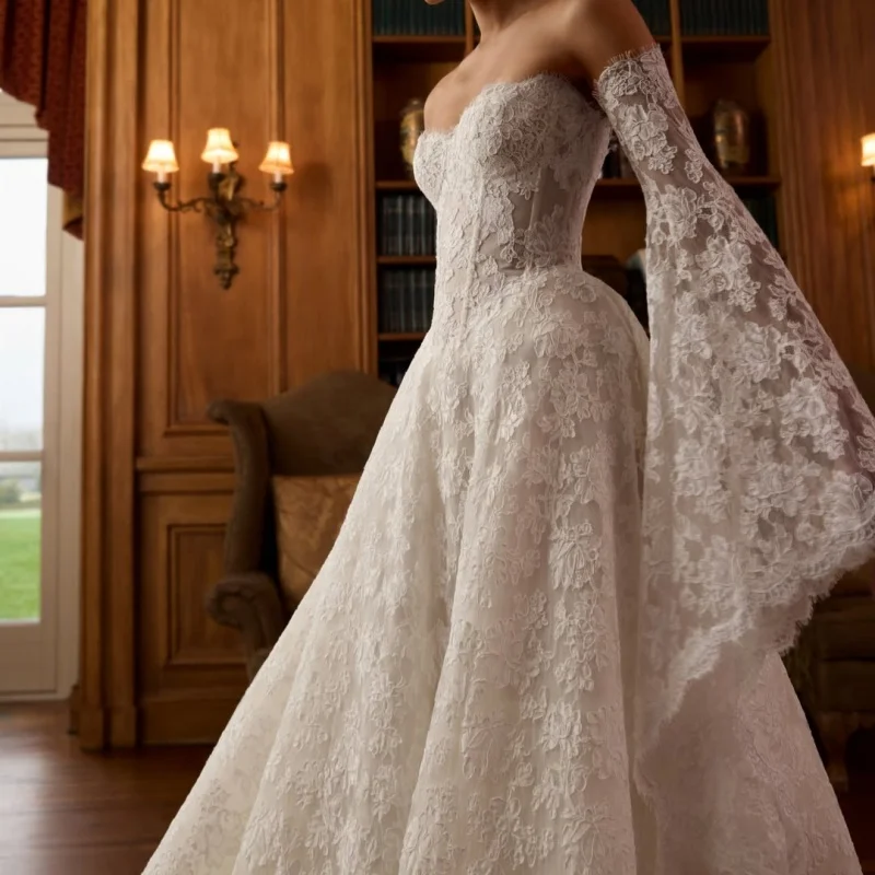 Lace Flower Appliques Wedding Dresses Crystal Decal Skirt long tail A-line Slit Made wedding dress Bridal Gown