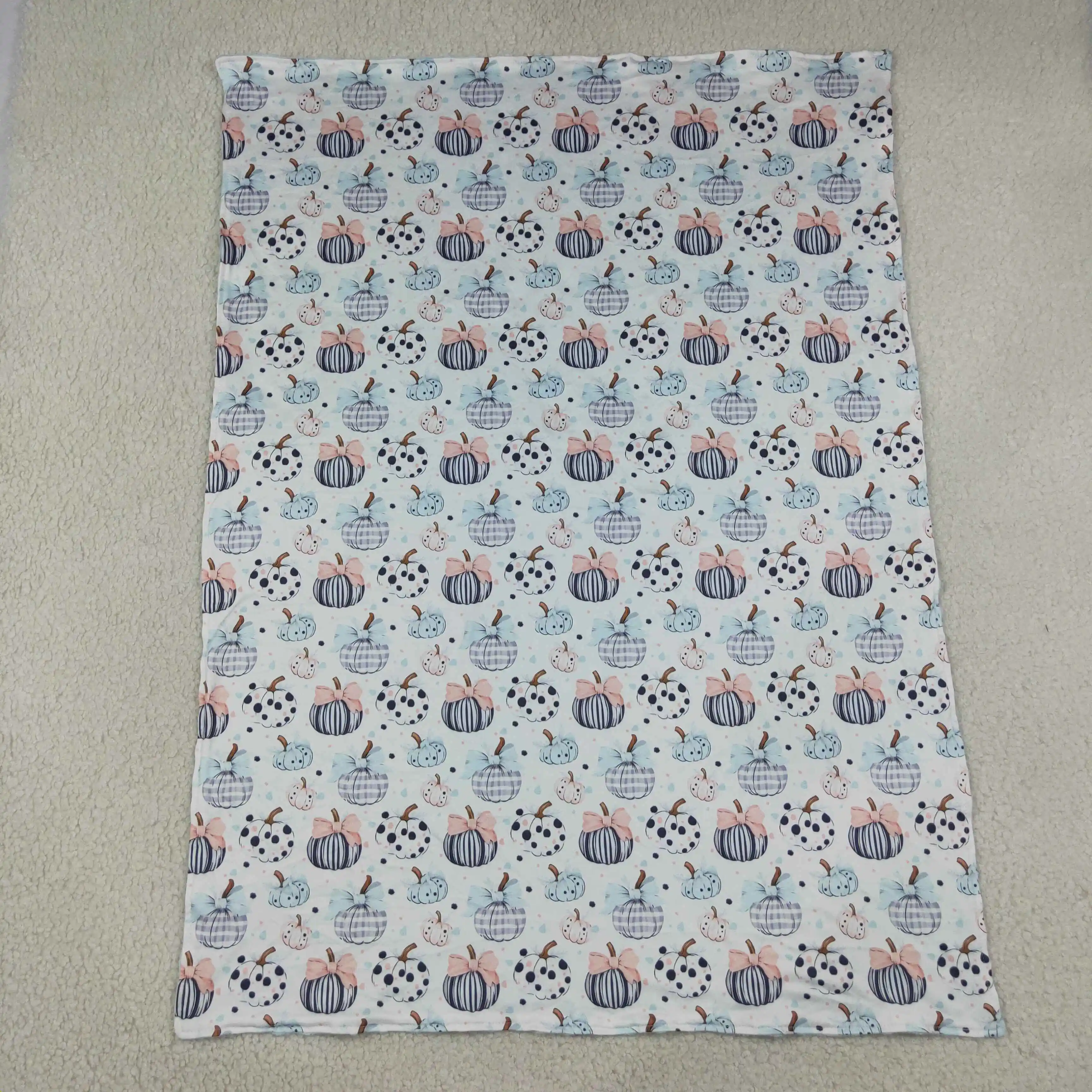 Wholesale Toddler Girls Blue Flannel Blanket Baby Girl Children Thin Quilt Kids Bows Pumpkins Thanksgiving Bedding Fleece