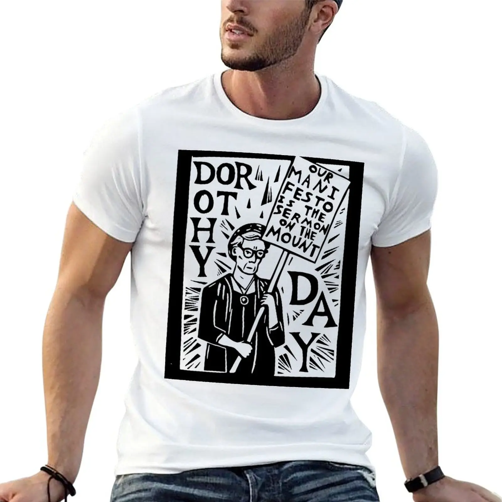 Camiseta con cita de Dorothy Day, Our Manifesto is the Sermon on the Mount Catholic Worker, camisetas de algodón para hombre, camiseta 100%