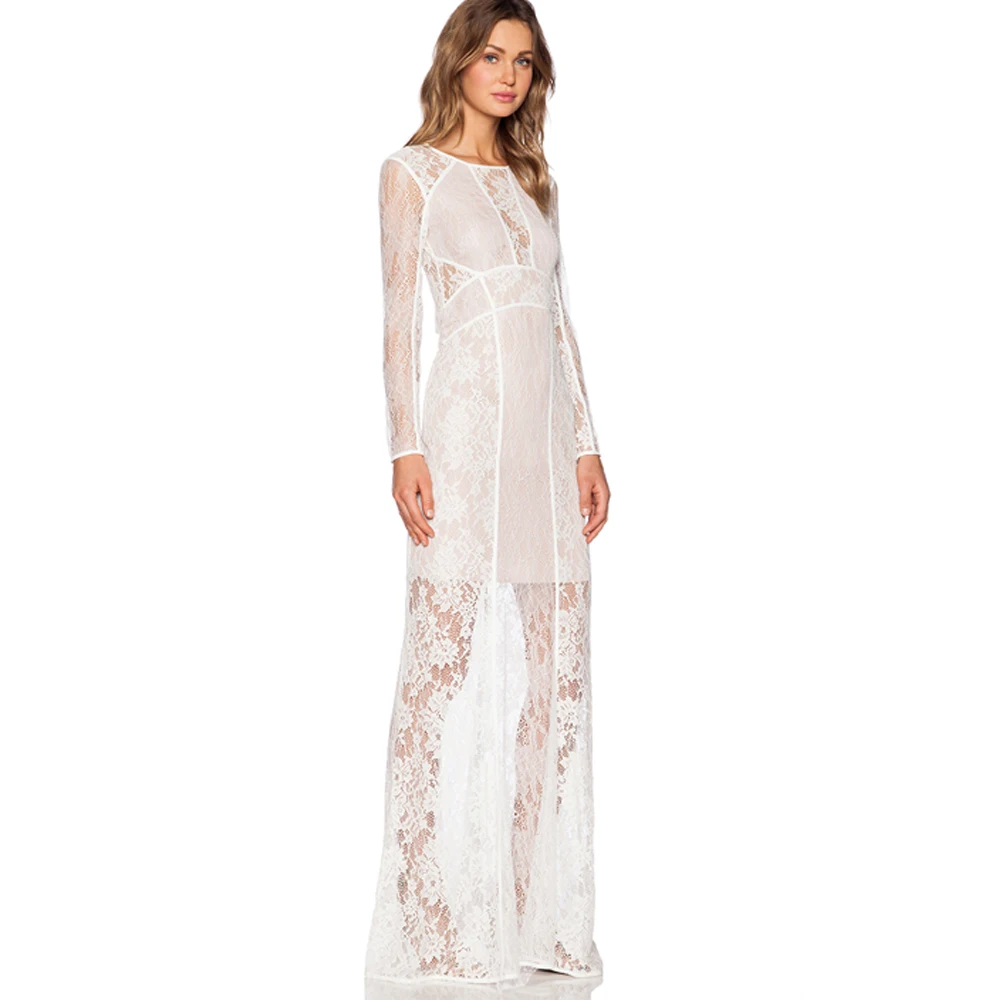 Damska sukienka maxi na ramiączkach z koronką, romantyczna sukienka bodycon z długim rękawem i koronką, elegancka