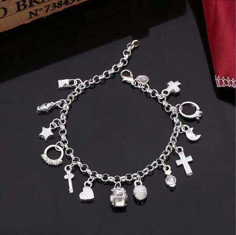 

1PC silver charms Cross Lock Key Heart Star Moon Flower Zircon bracelet bangle women's fine jewelry Accessories F1940