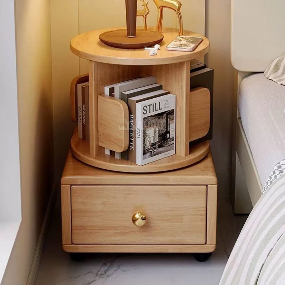 Minimalist Full Solid Wood Rotating Book Shelf, Kids Book Cabinet with Casters, Bedside Storage Organizer for Bedroom Mobile