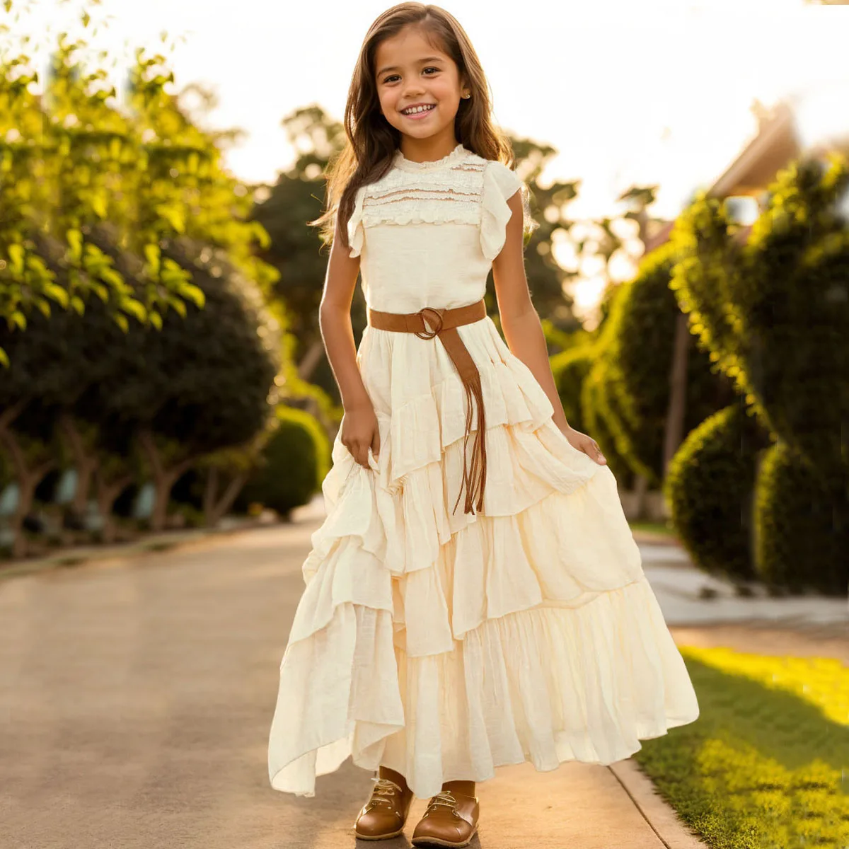 

Girls' New Lace Irregular Skirt Long Fashion Princess Dress Christmas Thanksgiving School Family Party Evening Dress for 6-12Y