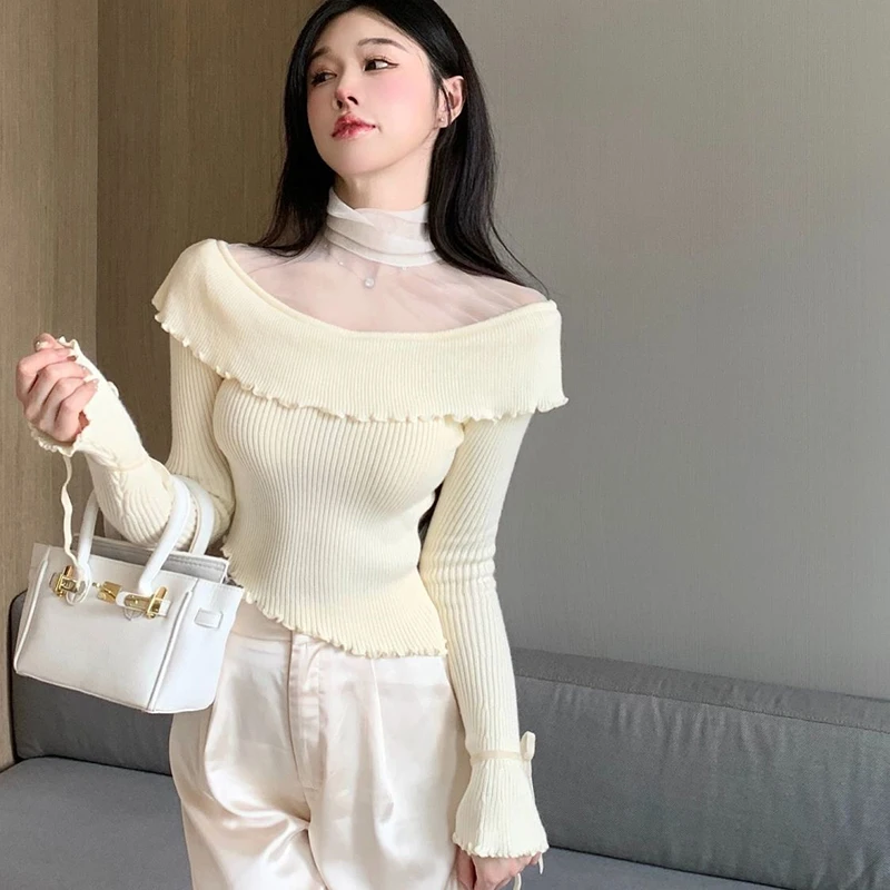 Chicไม่สม่ําเสมอถักPulloversผู้หญิงHottieตาข่ายPatchwork Bottomingเสื้อแฟชั่นฤดูใบไม้ร่วงSlim Fit Elegantหญิงเสื้อ