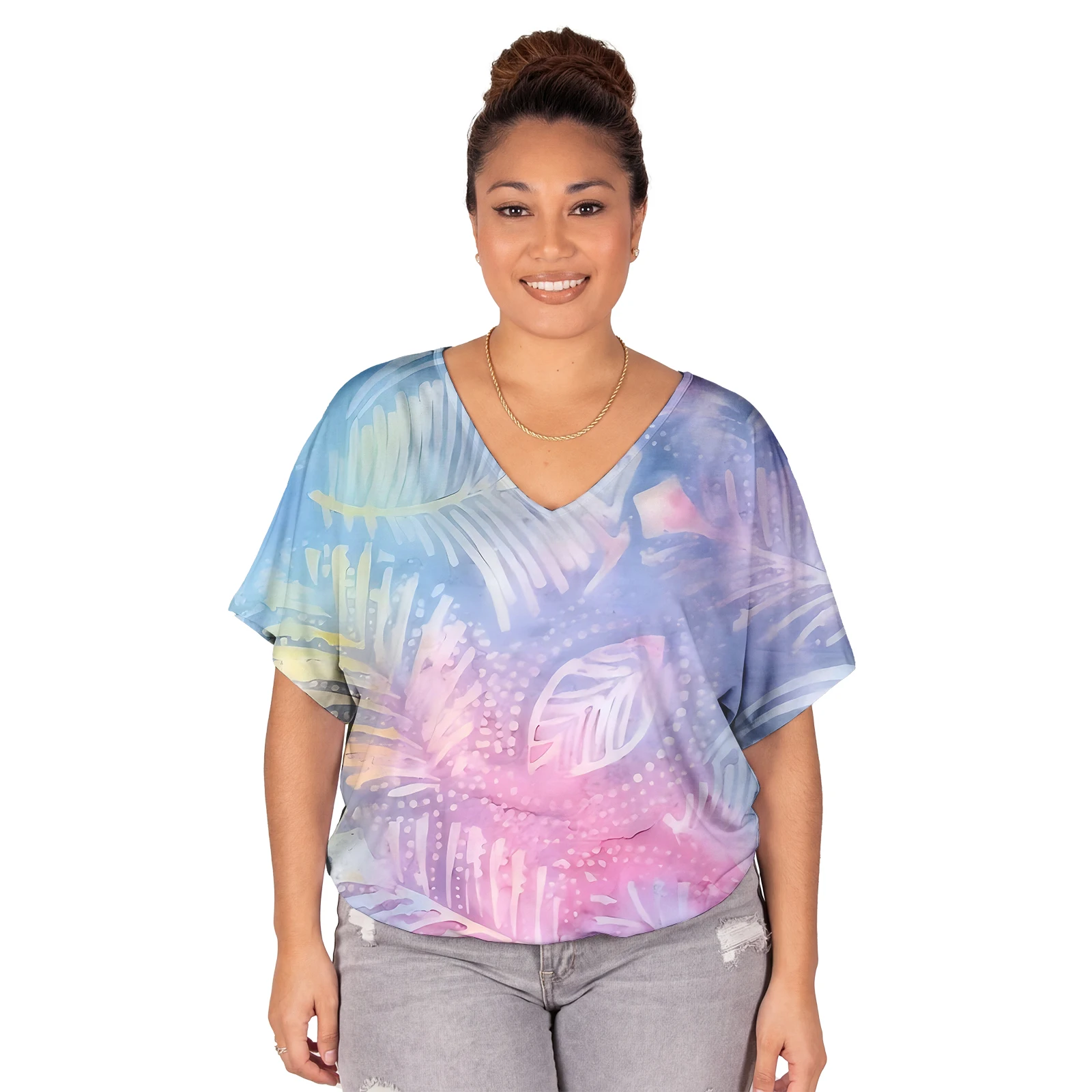 

High Quality Samoan V-Neck Beach Lady Wear Polynesian Custom Women Clothes Hawaiian Ladies Casual Bat Sleeve Top Latest Design