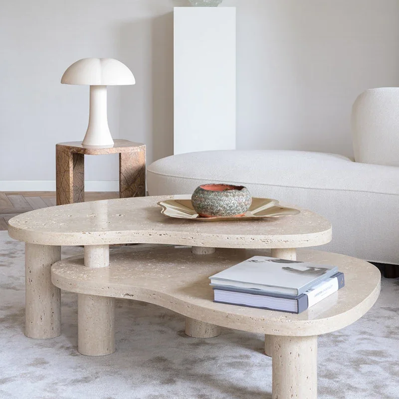 Natural yellow travertine special-shaped coffee table designer model room light luxury living room double-layer marble table