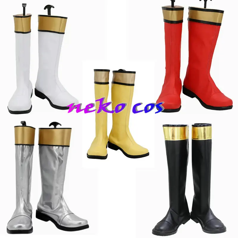 

nekocos Hyakujuu Sentai Gaoranger Cosplay Costume Gao Red Blue Yellow White Black Sliver Custom Size shoes boots