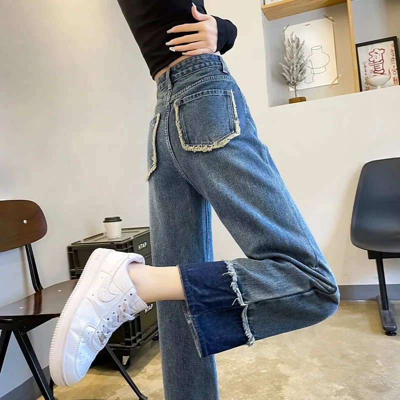 Retro Hemmed Straight Jeans Women's Spring and Autumn 2023 New Fashion High Waist Short Contrast Nine-Point Pipe Pants M1121