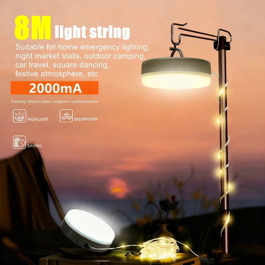 New Portable Solar Camping Light Solar 8m Light String LED Reel String Lights Outdoor USB Lamp Recyclable Garden Tent Room Decor