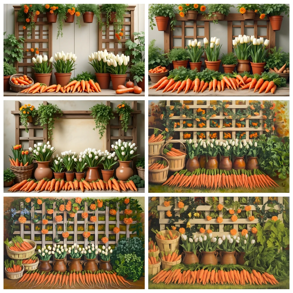 Spring Easter Decoration Photography Backdrops Easter Flowers Wood Fence Carrot Kids Birthday Party Background Photo Studio