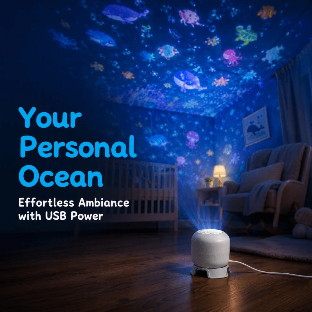 360 Degree Rotating Dreamy Ocean Projector Ocean World Flexible Neck Ocean Projection Night Light Ocean-Themed Dynamic Projector