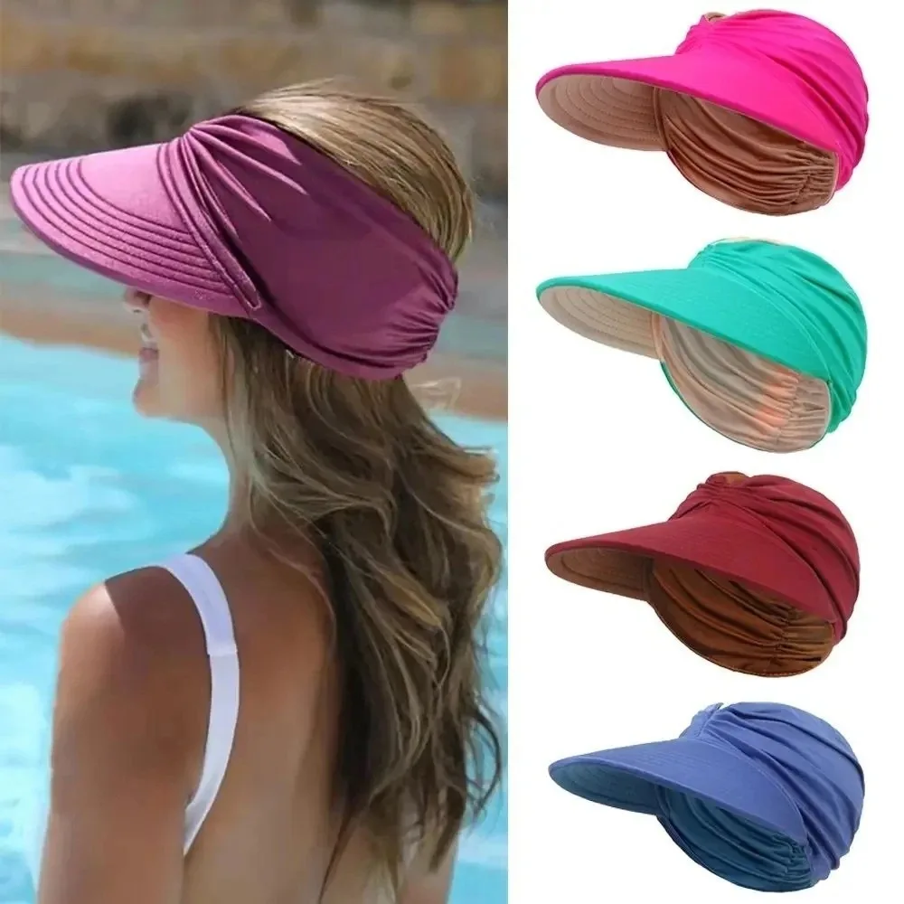 Empty Top Women Beach Sun Hat Wide Brim Double-Sided Outdoor Sports Hat Anti-UV Flexible Sun-Protection Cap Outdoor Sport